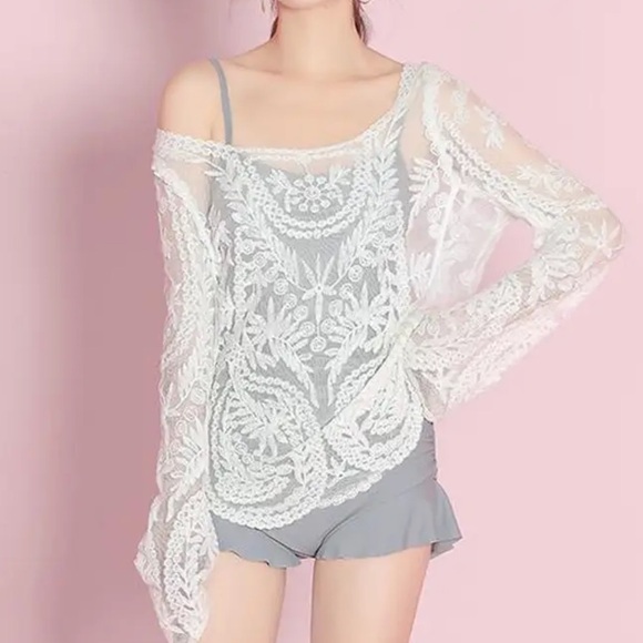 Lace crochet embroidery Long sleeve blouse mesh cream swimsuit cover up - Picture 7 of 8